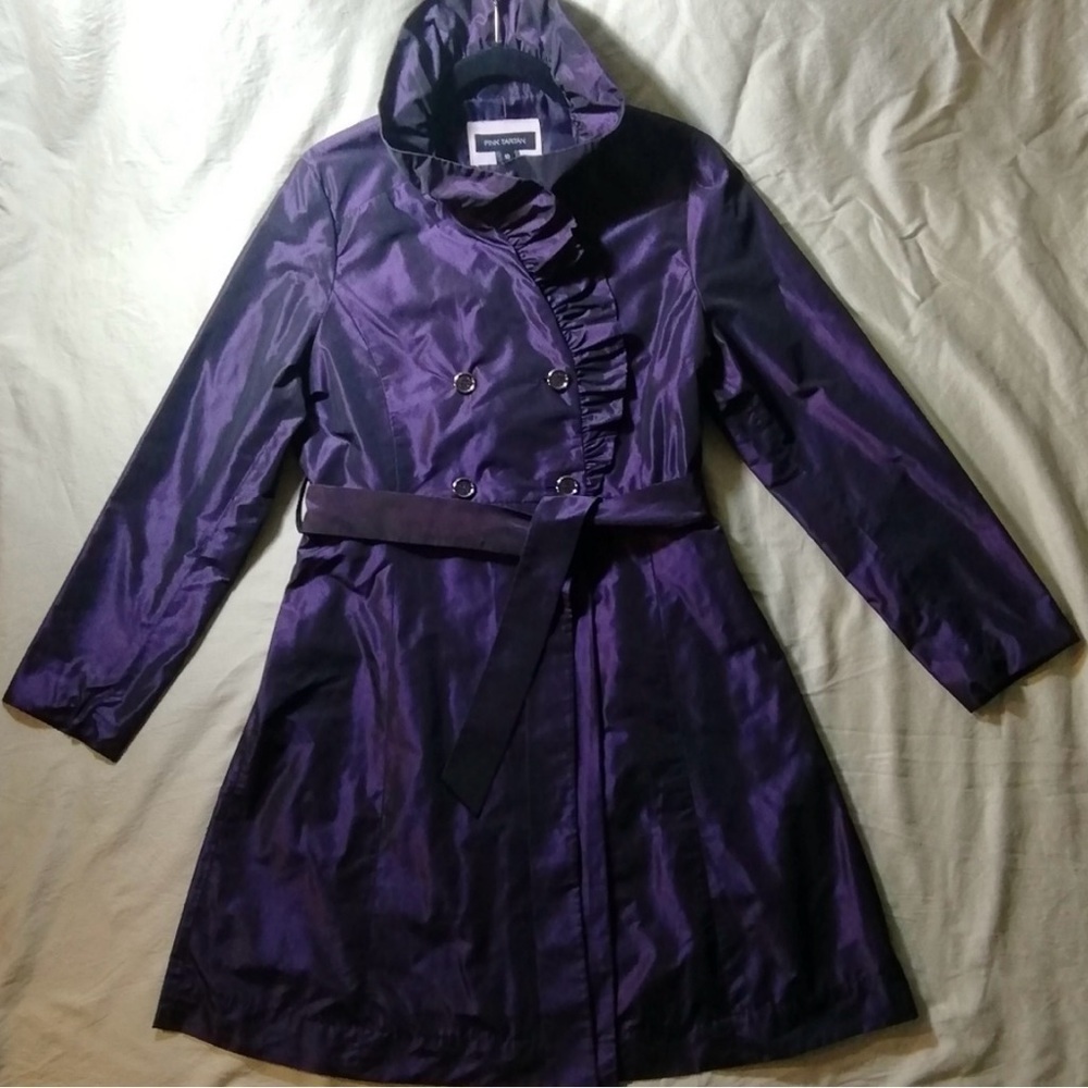 Pink Tartan purple taffeta trench coat with ruffles, size 10